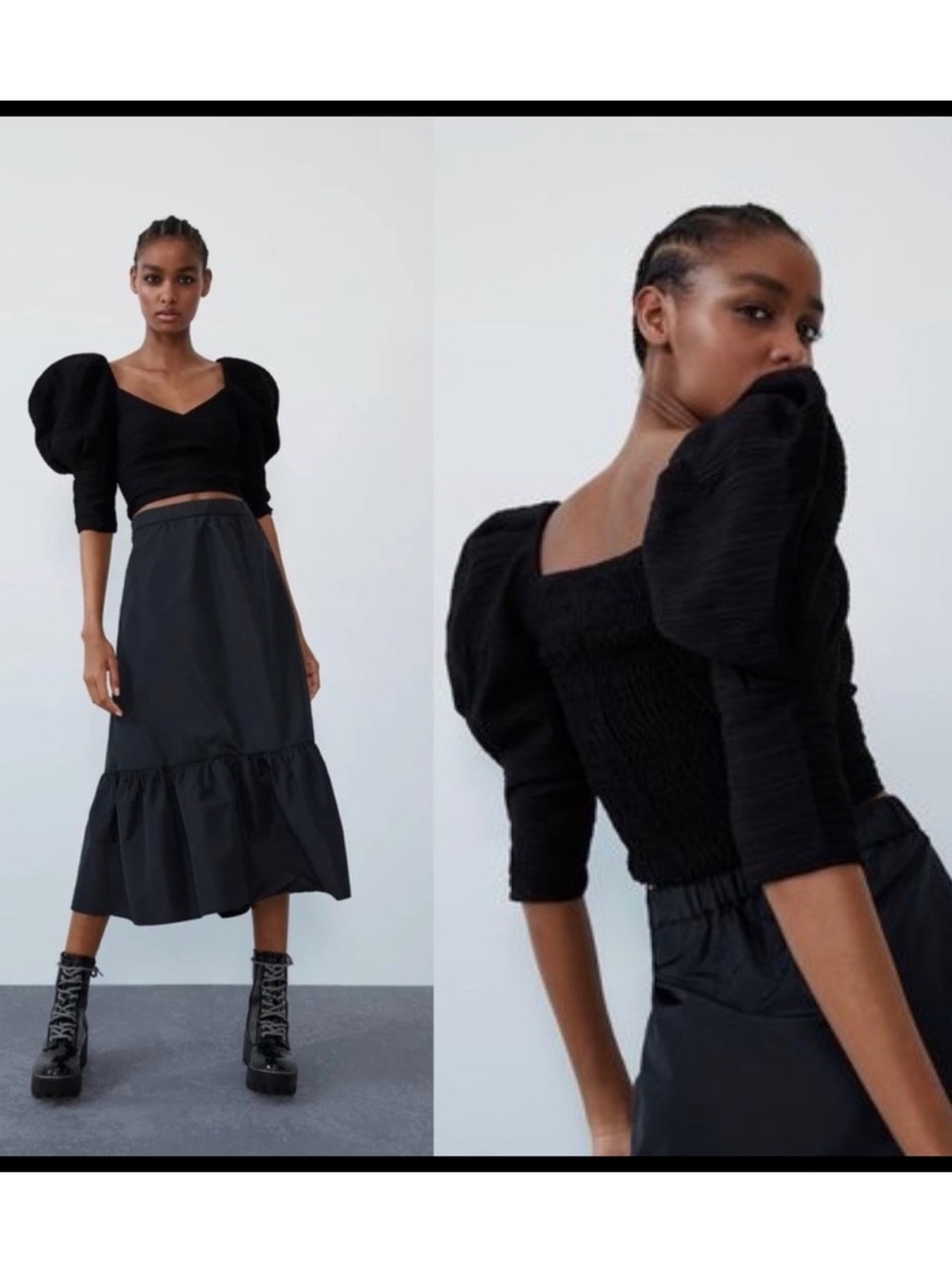 Zara black valorous puff sleeve cropped bodice blouse ruched fabric